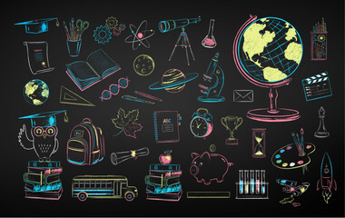 Vector color chalk drawn illustration collection of education and science items on chalkboard background.