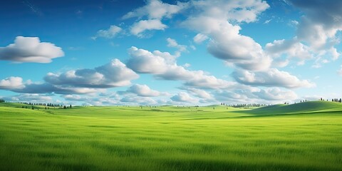 Fototapeta na wymiar Nature canvas. Vibrant fields under blue sky. Meadow serenity. Embracing tranquility of summer. Horizons unveiled. Exploring beauty of green field