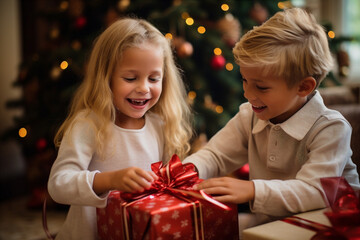 Fototapeta na wymiar Children are waiting and celebrating Christmas and New Year. Generative AI