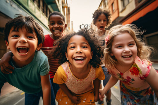 Diverse Group Of Children From Various Cultural Back Playing Together.  