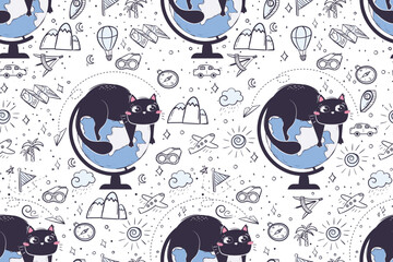 Seamless pattern in doodle style with funny cat for school subject geography. Background for educational stationery and textiles
