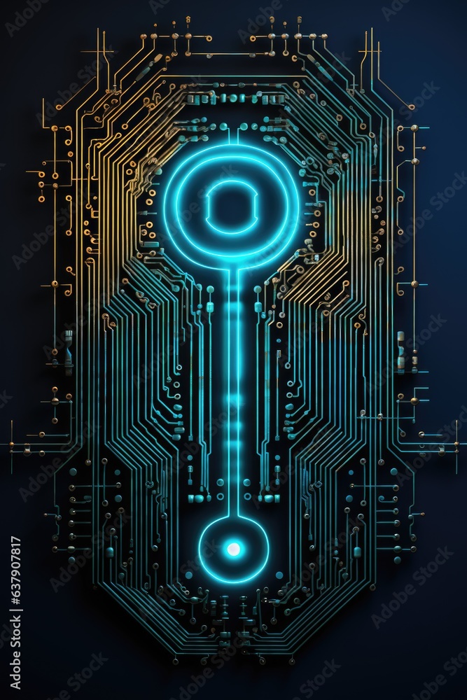 Poster a circuit board with a glowing key on it. digital image. cyber security, fingerprint lines.