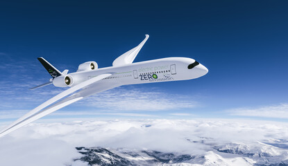 electric powered commercial Aeroplane flying in the sky - future electro energy aviation concept. - 637908057