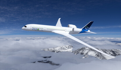 electric powered commercial Aeroplane flying in the sky - future electro energy aviation concept.