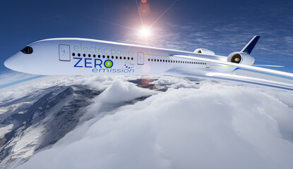 electric powered commercial Aeroplane flying in the sky - future electro energy aviation concept. - 637908090