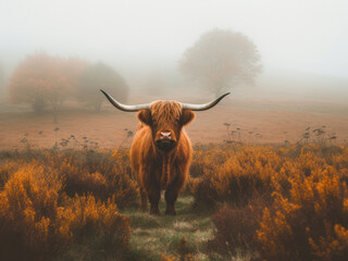 Photo of a highland cow scotland in a field