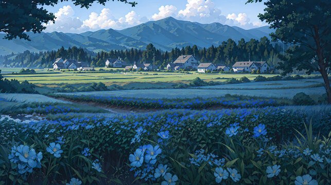Country house at Nature. Flower field. Clear Sunny day, Sky with Movie Atmosphere and Wonderful Cloud, Beautiful Colorful Landscape, Anime Comic Style Art. For Poster, Novel, UI, WEB, Game, Design