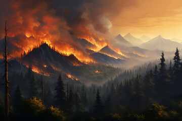 Wildfire burns forest in mountains. AI generative