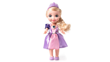 Plastic doll toy isolated on white background. 