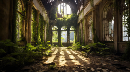 Obraz premium Abandoned and overgrown with greenery castle hall by AI
