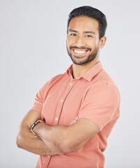 Happy, crossed arms and portrait of Asian man in studio smile for career, work and job opportunity. Confidence, professional male and isolated business person in casual style on white background