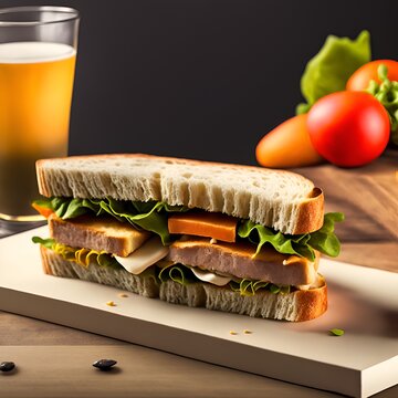 Photo of a delicious sandwich paired with a refreshing glass of beer on a rustic cutting board