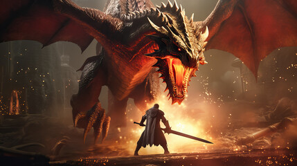 Fairy-tale battle of a knight with a dragon by AI