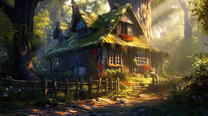 Magic cozy house in the forest by AI