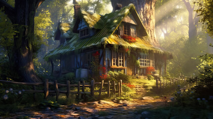 Fototapeta premium Magic cozy house in the forest by AI