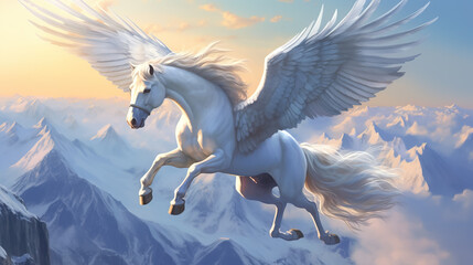 Majestic Pegasus flies over the winter mountains by AI