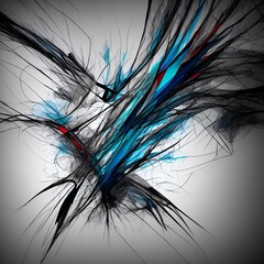 Photo of an abstract painting of blue and black feathers