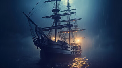 Mystical ship sails at foggy night sea by AI - obrazy, fototapety, plakaty