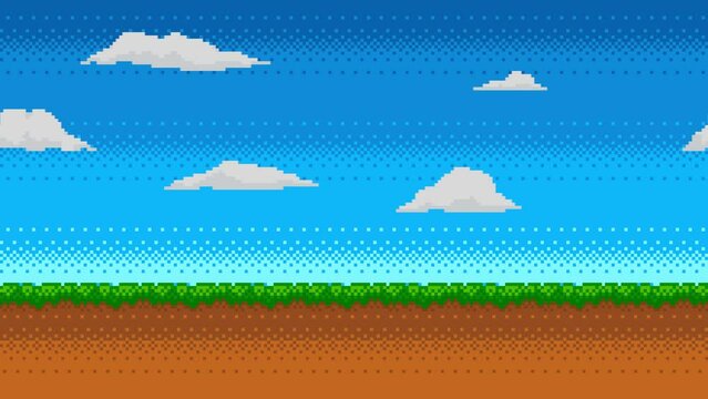 Pixel art animation of retro video game background. Animated 8 bit landscape with moving clouds.