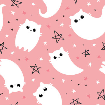 Halloween seamless pattern. Vector illustration of cute ghost cats on a pink background. Vector cartoon seamless pattern.
