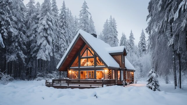 Snowy cabin in the forest. Beautiful illustration picture. Generative AI