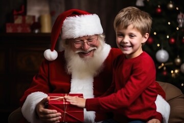 Cute boy getting gifts from Santa Clause on Christmas day - stock picture