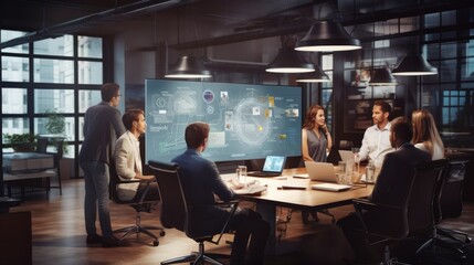 Team of passionate innovators are working in office. Beautiful illustration picture. Generative AI