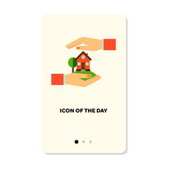 Hands protecting house with tree on white background. Palm holding real estate cartoon illustration. Insurance and construction concept. Vector illustration symbol elements for web design and apps