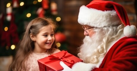 Fototapeta na wymiar Cute girl getting gifts from Santa Clause on Christmas day - HQ stock picture