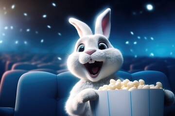 Cute Laughing Easter bunny sitting in a cinema - stock picture