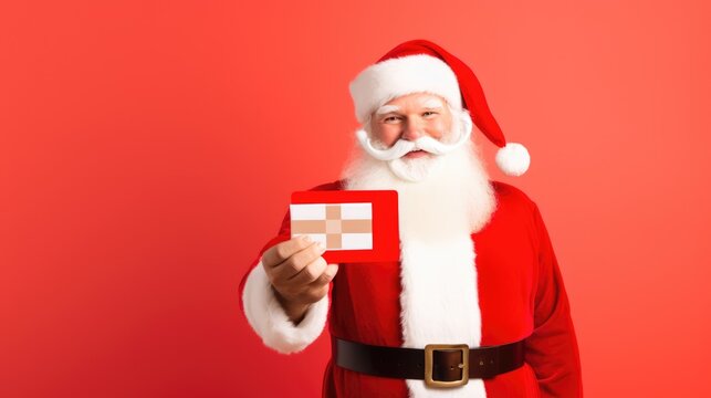 Santa Clause presenting a gift card - stock picture