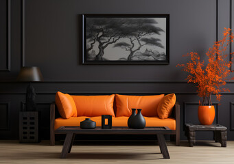 modern living room interior, with couch, vases and paintings,  black and orange theme