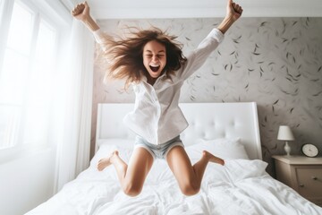 Young happy woman jumps on the bed - stock picture