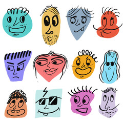 Set of funny faces  with various emotions. Crayon drawing style. Different colorful characters. Cartoon style. Flat design. Hand drawn trendy Vector illustration.