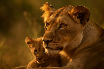 Lioness and lion cub hanging out at savanna grassland in the morning, mother and child close up shot, protecting wildlife concept.