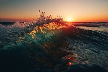 A vibrant sunset behind a crashing wave in the ocean