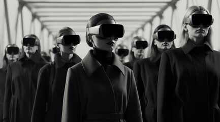 A group of fashion-forward women stand confidently in a futuristic monochrome street, wearing stylish virtual reality goggles and embracing the cutting-edge technology of the world - obrazy, fototapety, plakaty