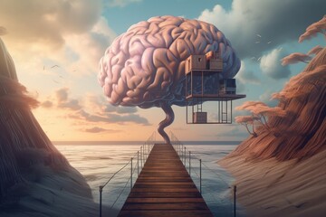 A surreal image of a human brain on a pier - obrazy, fototapety, plakaty