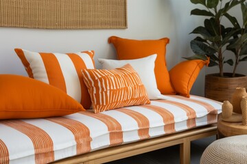 A cozy couch with vibrant orange and white striped pillows