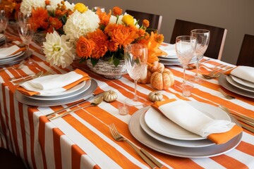 A beautifully set table with vibrant orange and crisp white plates and place settings