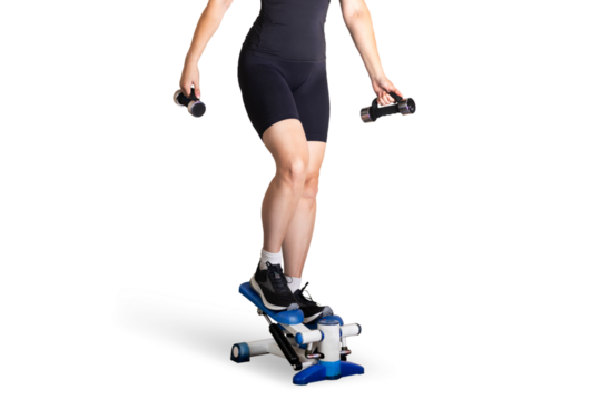 A woman training on a stepper white or invisible png background isolated - Powered by Adobe