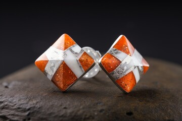 A vibrant pair of orange and white earrings resting on a textured rock surface