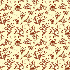 Doodle seamless pattern with cartoon insects and plants