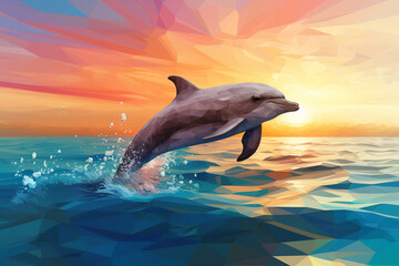 An image of a dolphin jumping in the ocean art underwater illustration with silhouettes, dolphin jumps from the ocean at sunset