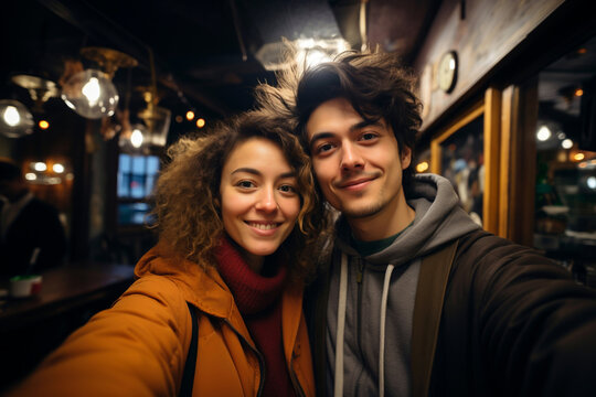 Portrait shot of a smiling young couple taking a selfie on mobile phone, smartphone in a bar or restaurant cafe. Happy generation z millenials relationship concept. Generative AI