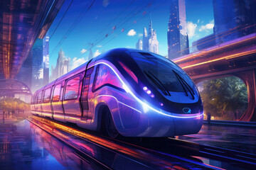 High-speed train speeds through a pink and blue neon-lit futuristic tunnel.