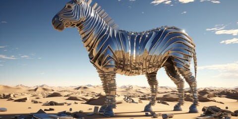 Fototapeta na wymiar Gleaming Wildlife Illusion Wallpaper - A 3D Render of a Unique Zebra, Sculpted from Countless Mirror Fragments, Amidst the Sun-Scorched Desert - Beautiful Mirror Zebra created with Generative AI Techn