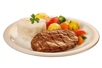 prato com carne bovina grelhada acompanhada de arroz branco e legumes cozidos isolado em fundo transparente - Bife com arroz e legumes