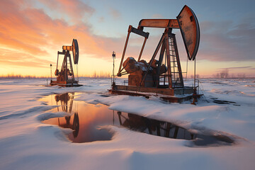 Oil drilling derricks at syberia oilfield. Fossil fuels output and crude oil mining from the ground. AI generative