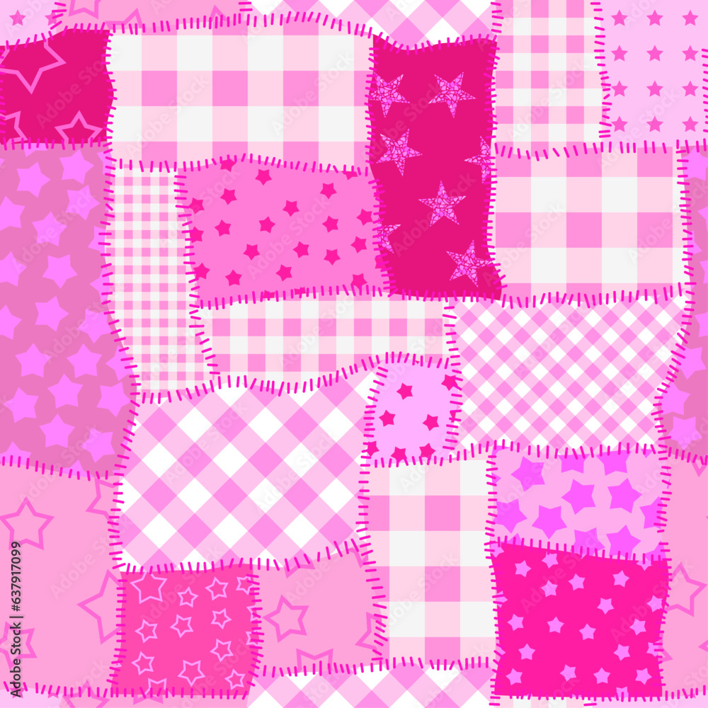 Poster Textille patchwork pattern. Pink pattern in Barbie style. Seamless Vector image.